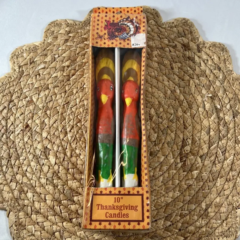 Vintage Turkey Thanksgiving Taper Candles Pair Set of 2 Fall Decor Colorful